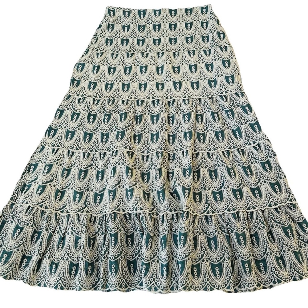 LAFFAIRE Embroidered Lace Tiered Maxi Skirt-M-Teal Green Cottage Boho Cowgirl